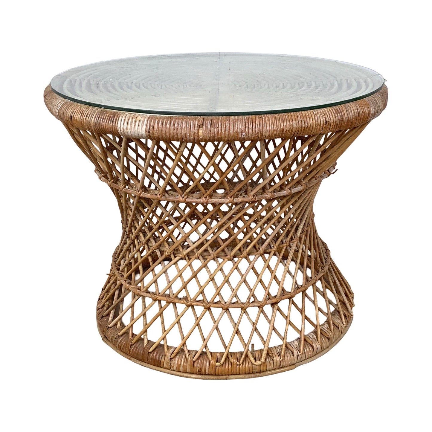 Vintage Wicker Drum Table With Glass Top