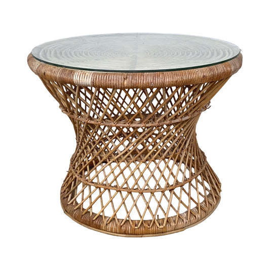 Vintage Wicker Drum Table With Glass Top