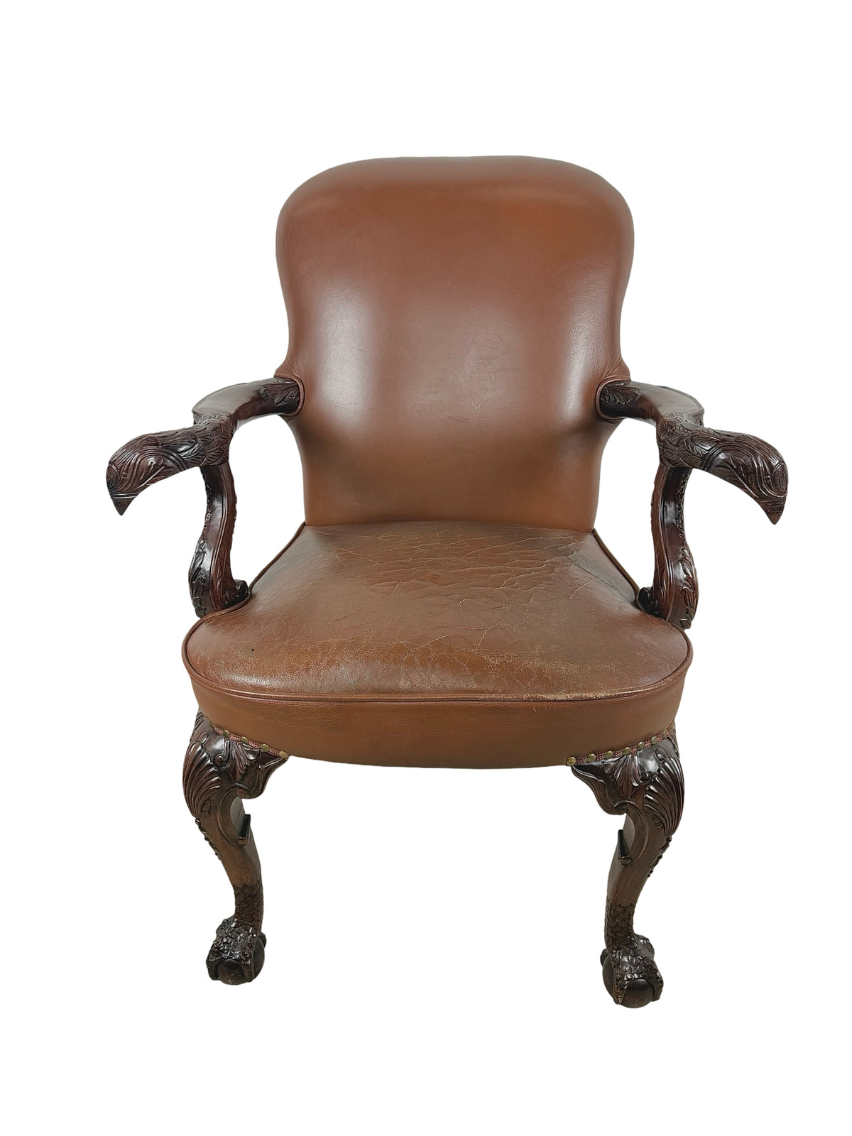 Vintage Maitland-Smith Carved Wood & Brown Leather Armchair
