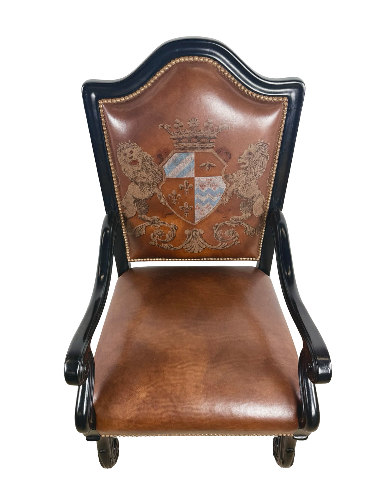 Ferguson Copeland Carved Wood & Leather Crest Armchair