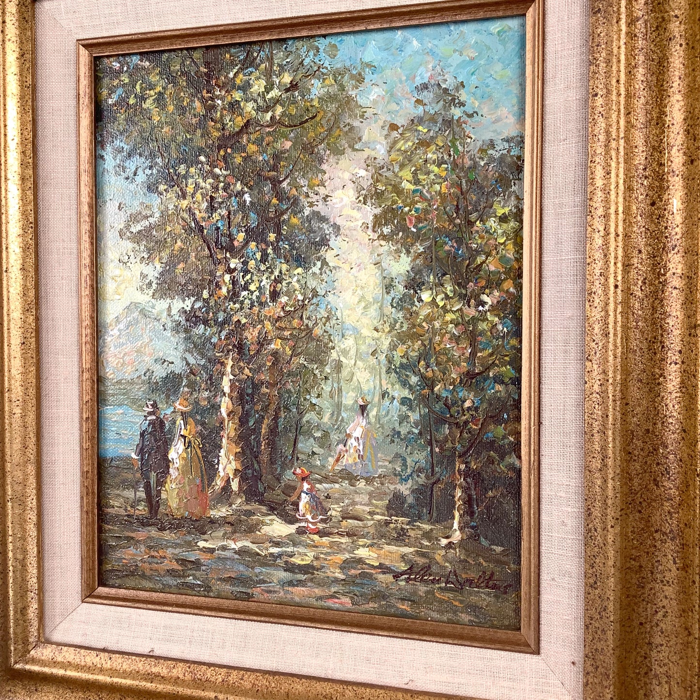 European Impressionist Revival Oil Painting with Figures, Signed and Framed