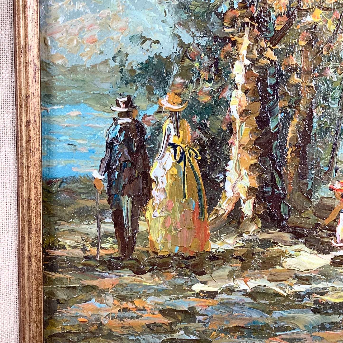 European Impressionist Revival Oil Painting with Figures, Signed and Framed
