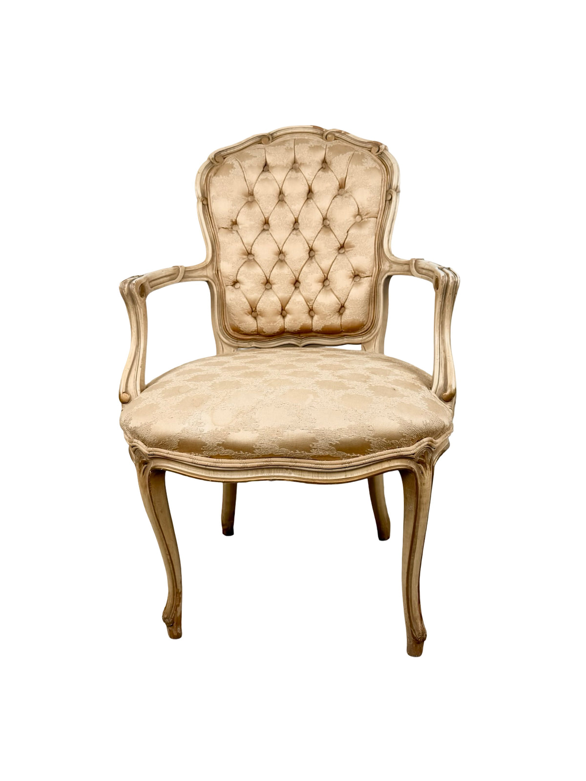 Vintage Louis XV Revival Armchair with Painted Frame, Tufted Back and Damask Seat