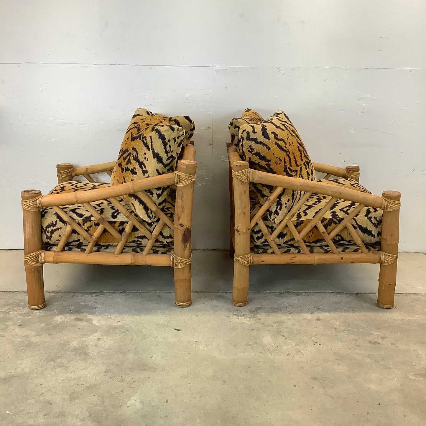 Vintage Bamboo Armchairs & Ottoman in Tiger Print
