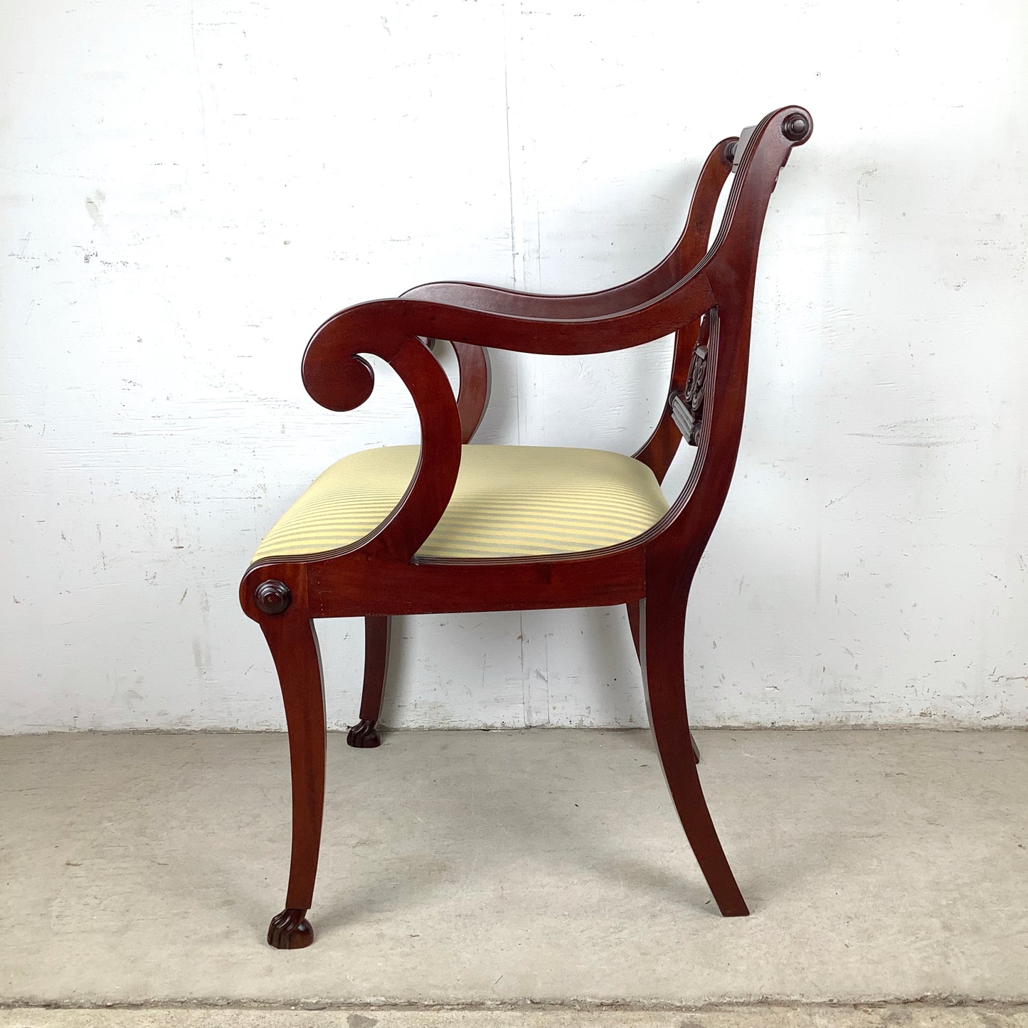 Elegant Vintage Lyre-Back Mahogany Accent Chair With Upholstered Seat