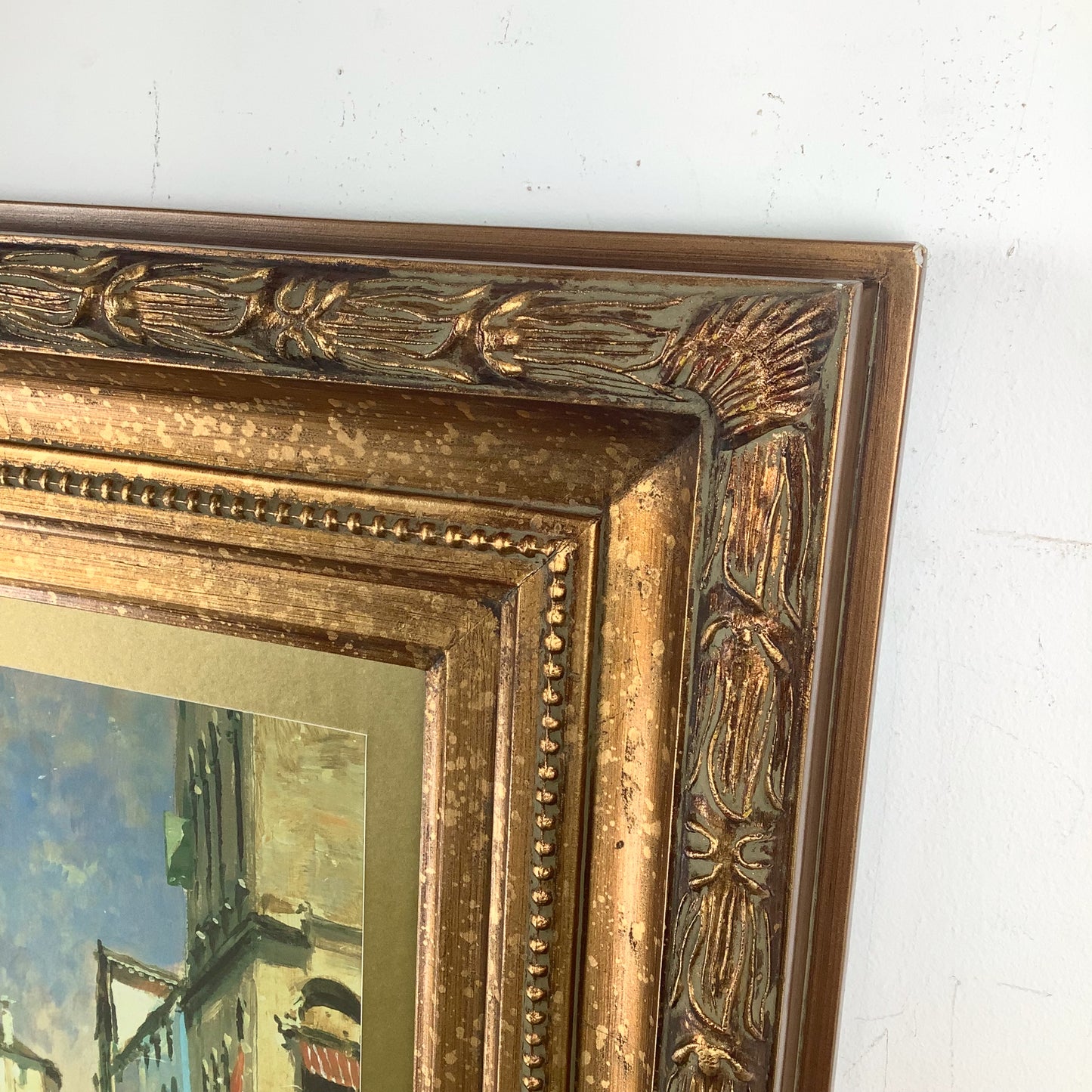 European Grand Tour Canal Scene, Decorative Print in Carved Gilt Frame