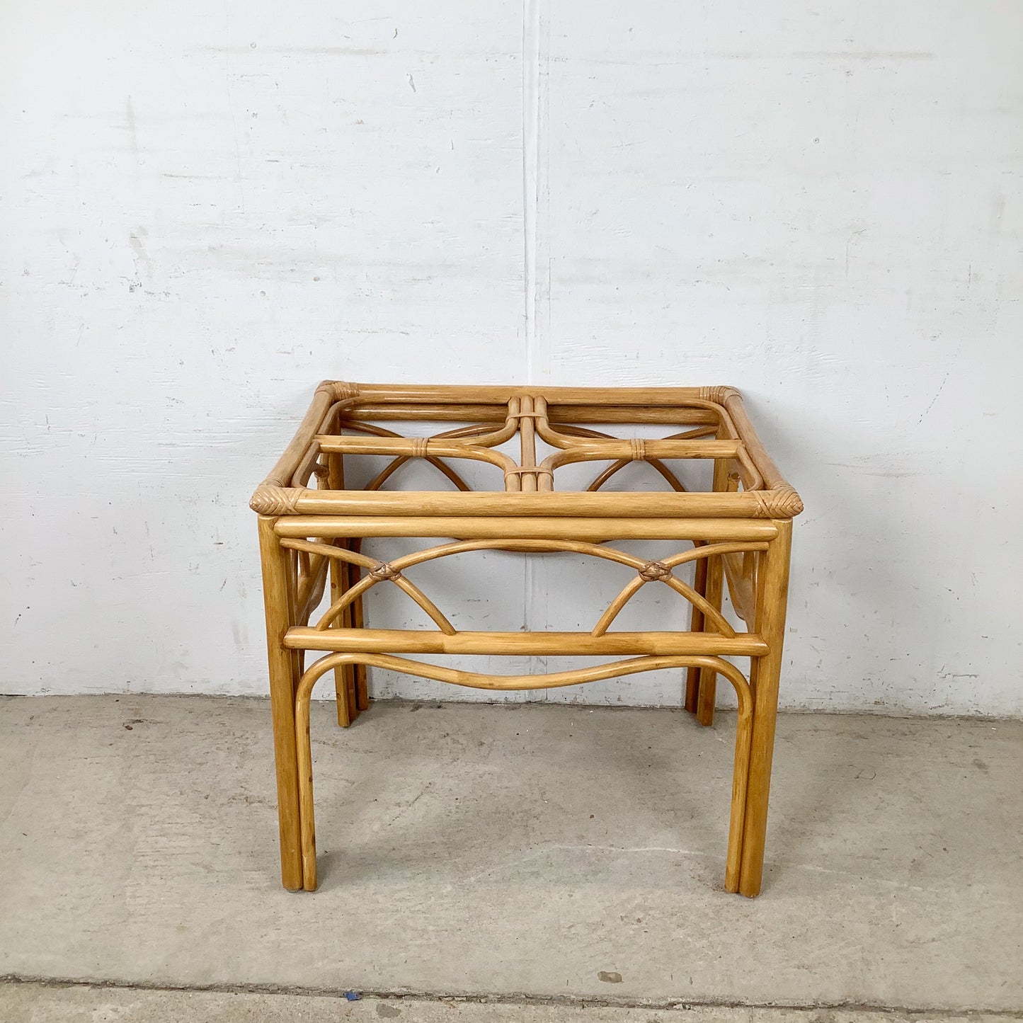 Vintage Bent Rattan Side Table with Inset Glass Top — Arch Apron, circa 1970s–1980s