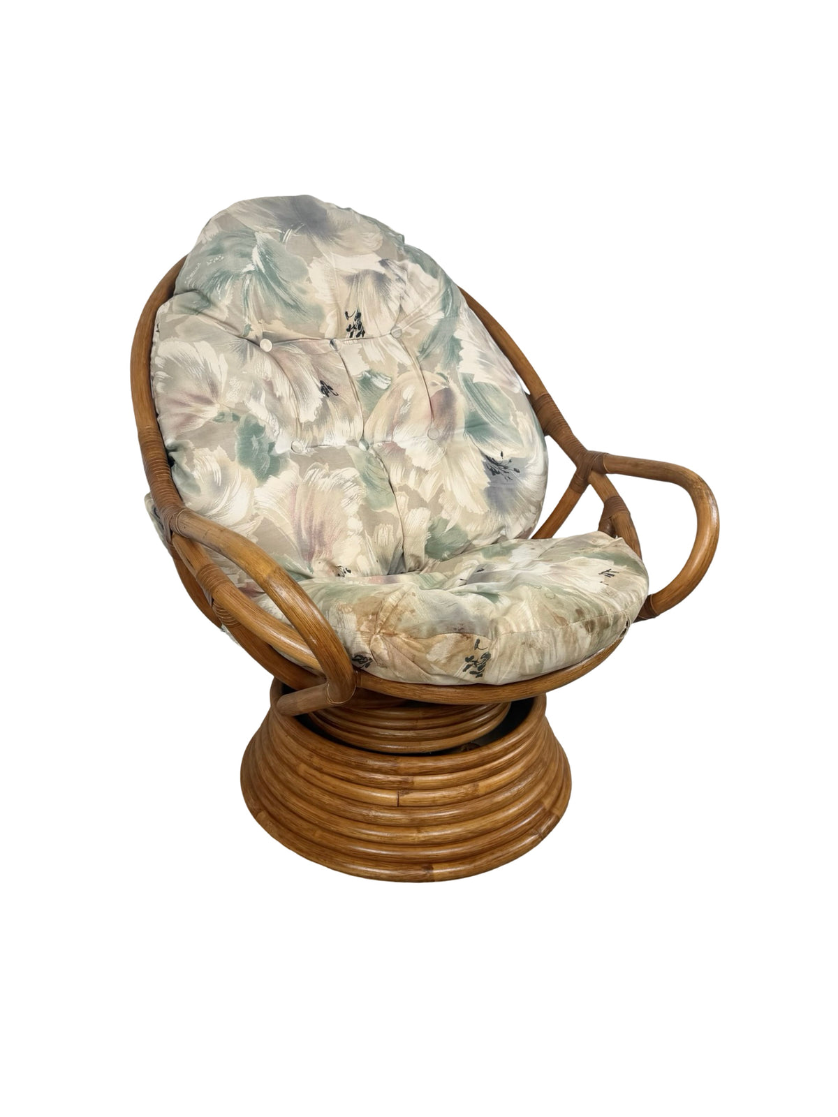 Vintage Rattan Swivel Rocker Lounge Chair with Floral Cushions