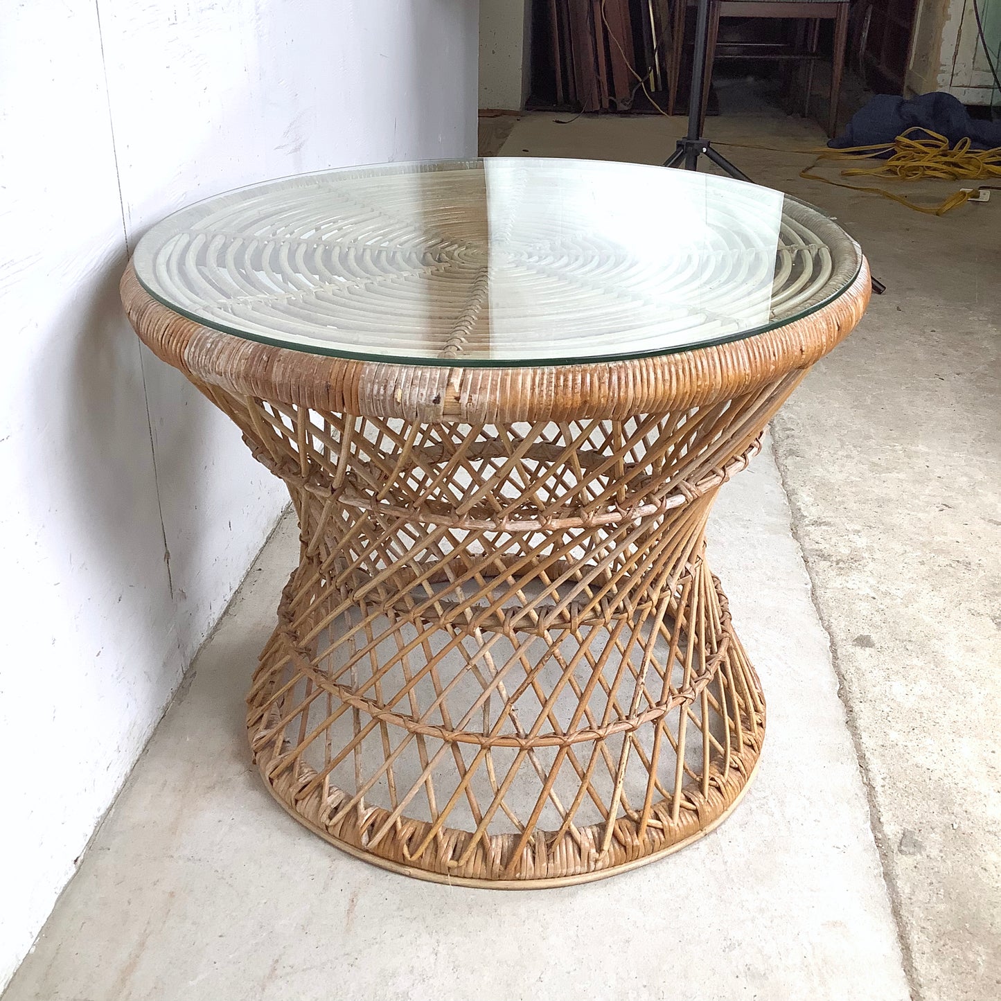 Vintage Wicker Drum Table With Glass Top
