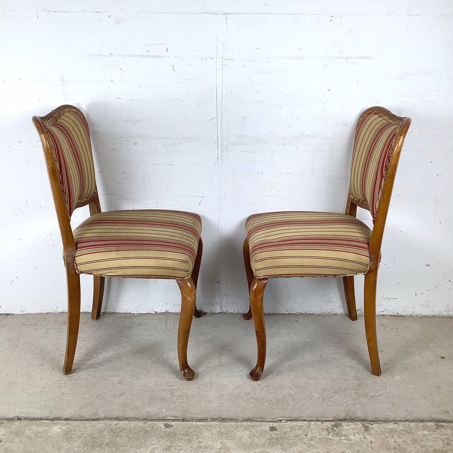 Queen Anne Dining Side Chairs — Set of Four | Walnut Cabriole Legs | Burgundy Stripe Upholstery