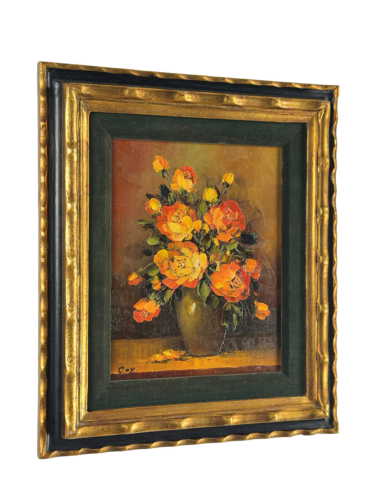 Vintage Signed Cox Floral Rose Painting Gold Tone Frame 13x15