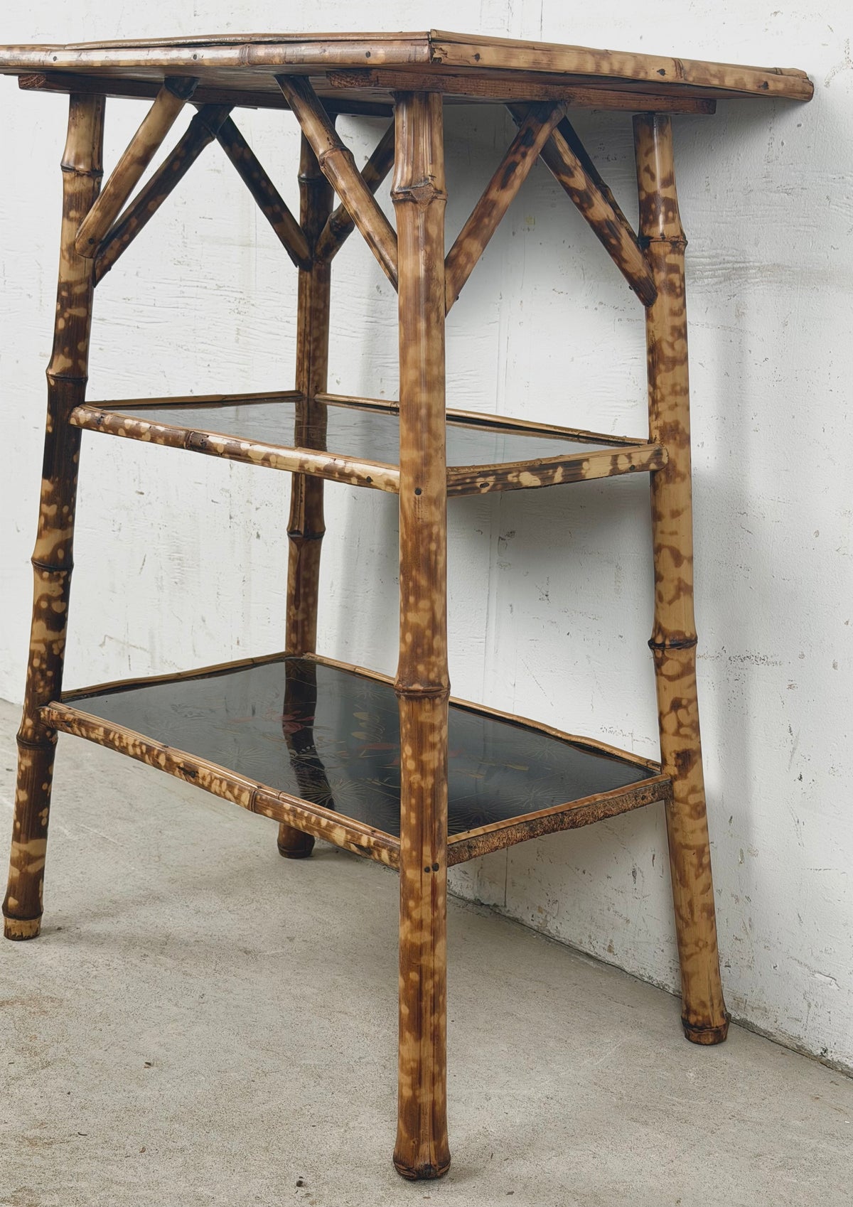 Antique Victorian Aesthetic Movement Tiger Bamboo Three-Tier Side Table with Floral Shelves