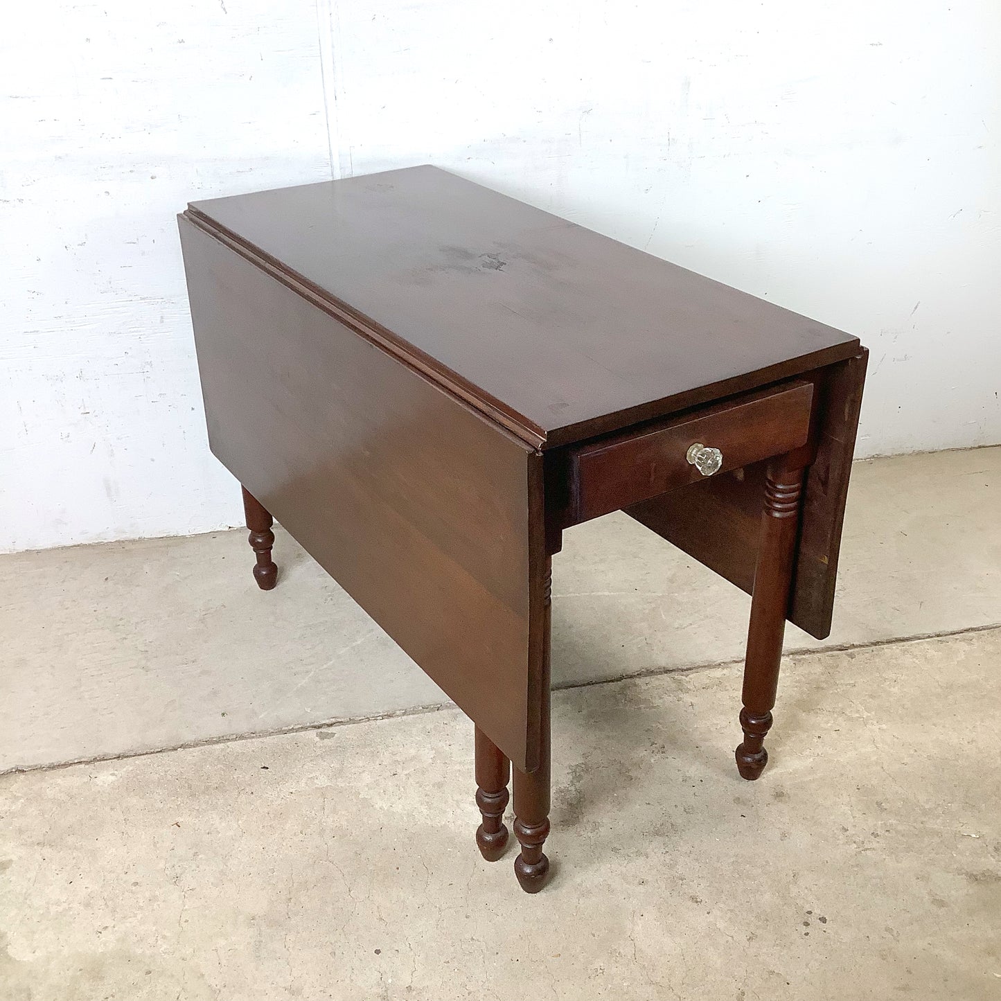 American Empire-Style Walnut Drop-Leaf Gate-Leg Table — Solid Wood, Single Drawer
