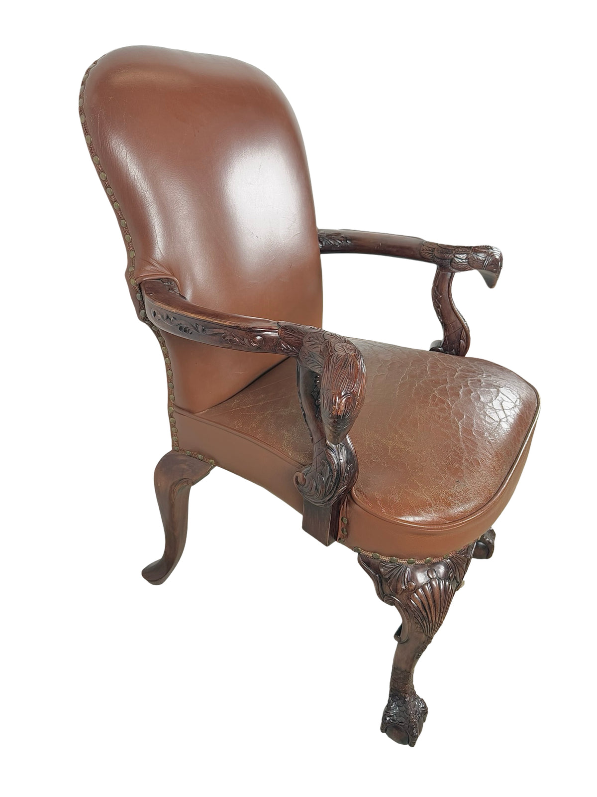 Vintage Maitland-Smith Carved Wood & Brown Leather Armchair