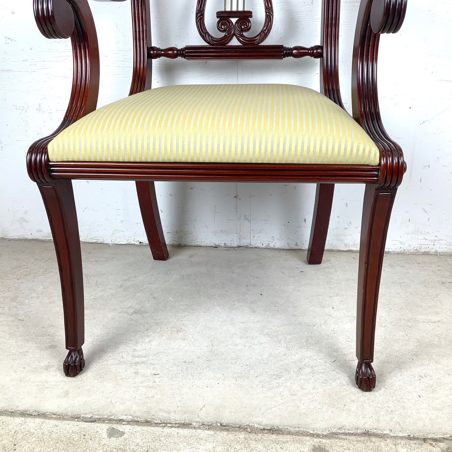Elegant Vintage Lyre-Back Mahogany Accent Chair With Upholstered Seat