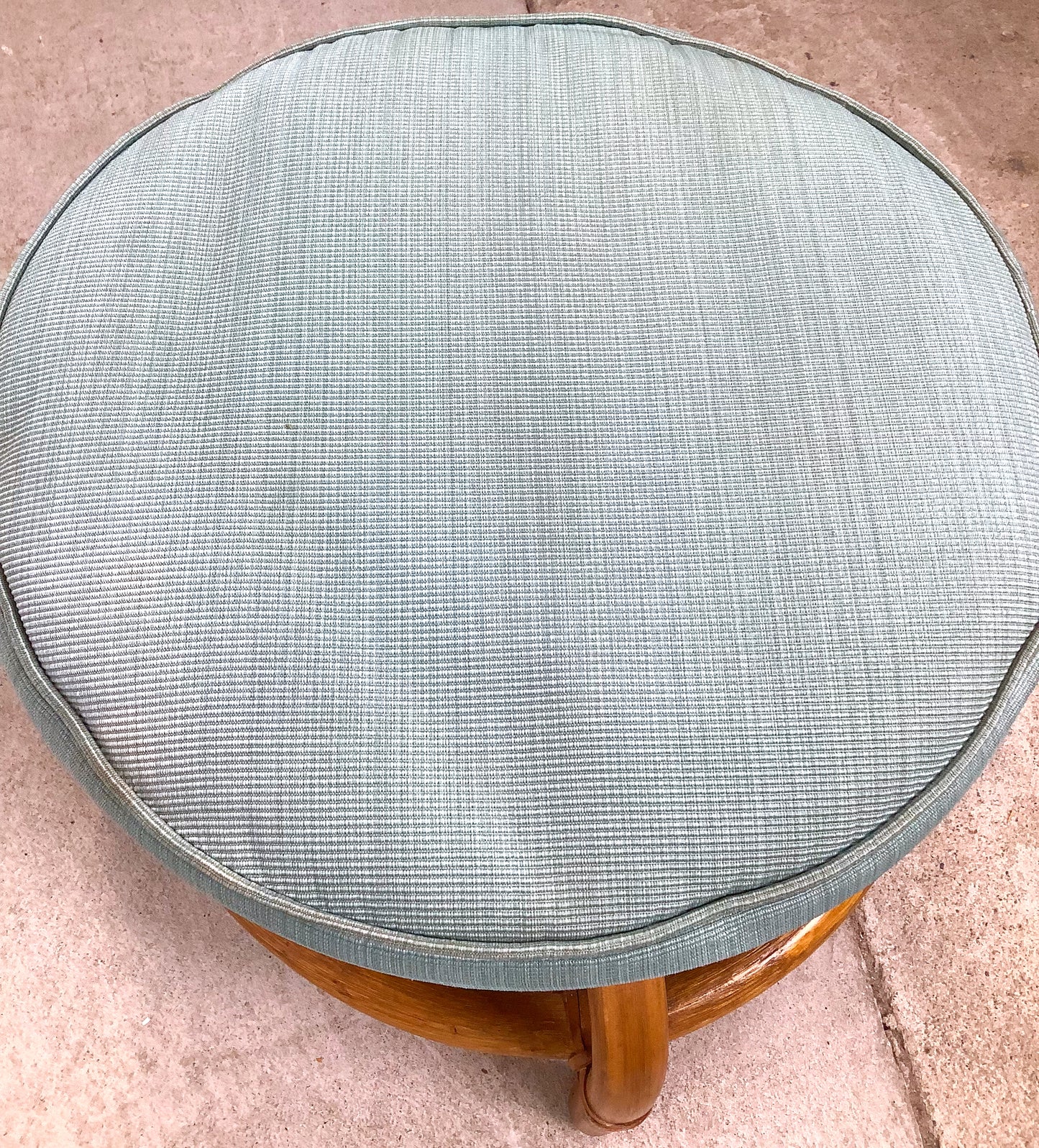 Vintage Rattan Round Ottoman — 1980s Coastal Style, Seafoam Green Upholstery