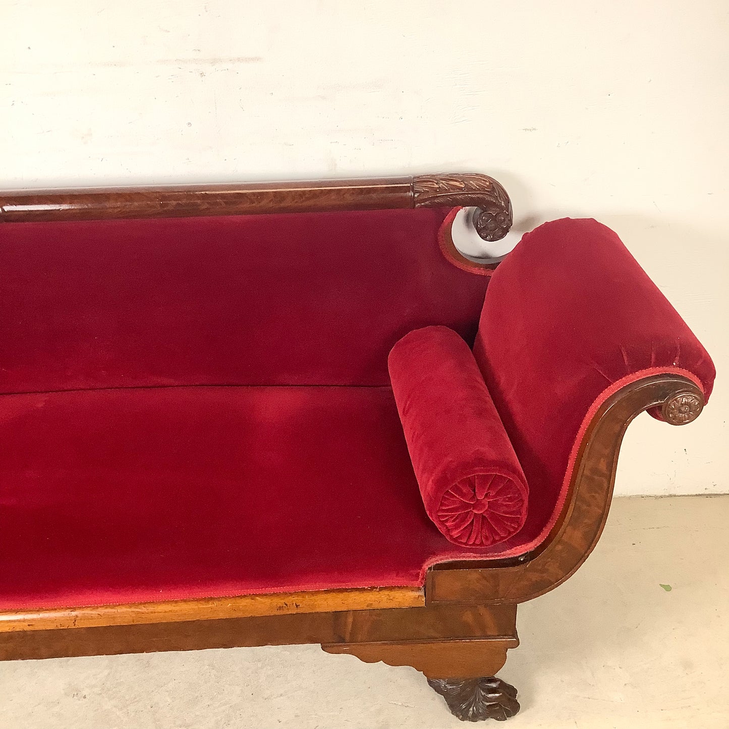 Antique American Empire Revival Mahogany Settee | Scroll Arms Sofa| Carved Paw Feet | Crimson Velvet