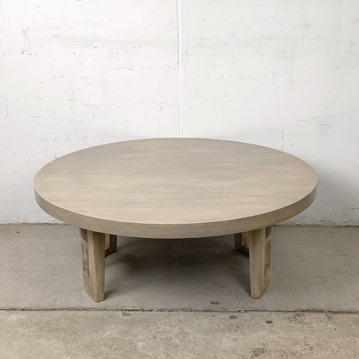 Vintage Round Low Coffee Table | Cerused Finish | Arch Form Base | Circular Stretcher