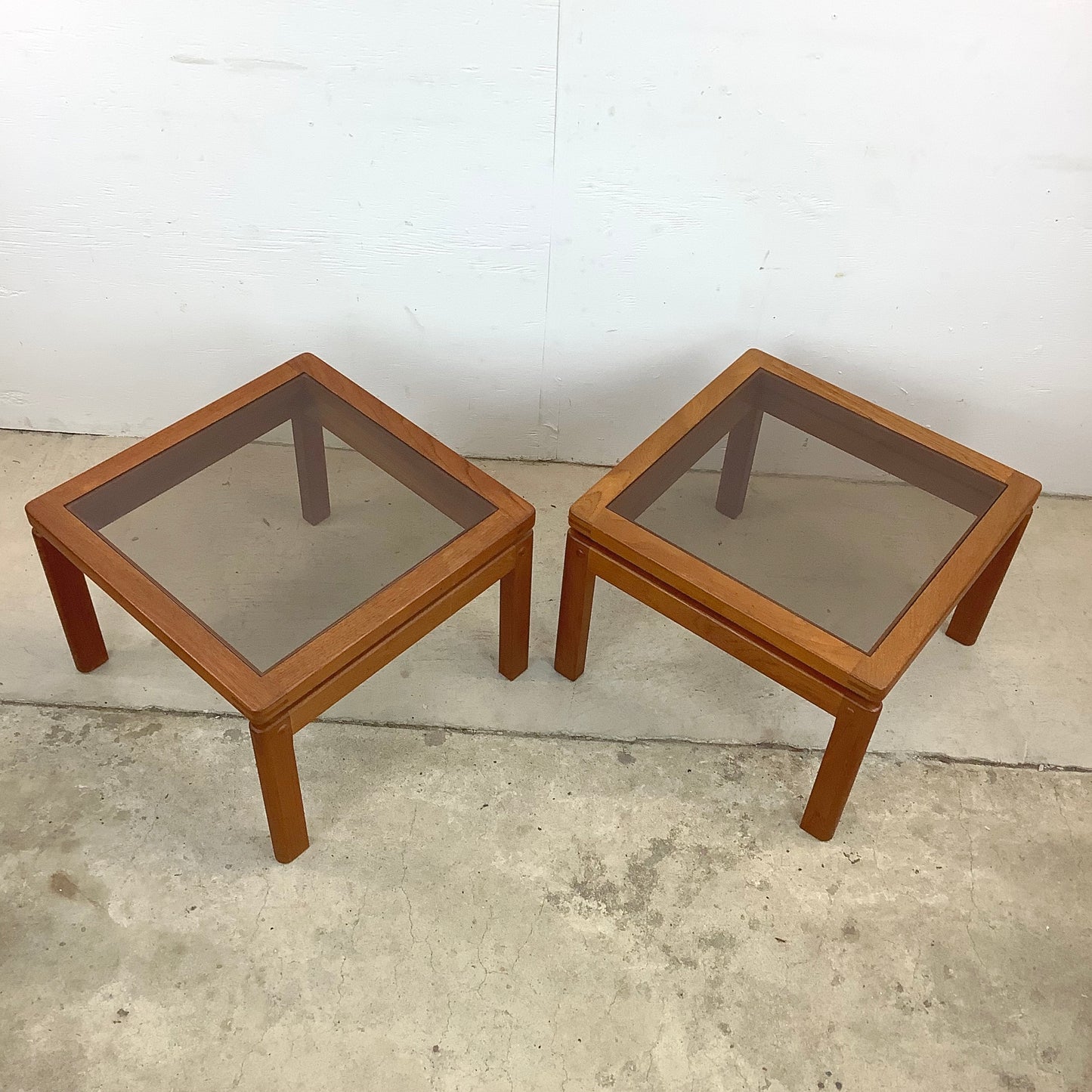 Danish Modern Teak End Tables With Smoked Glass- Pair