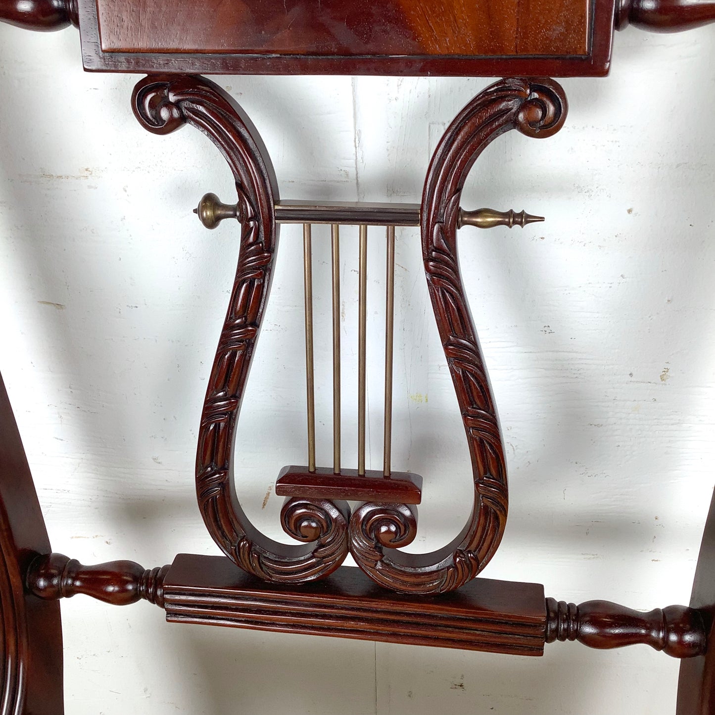 Elegant Vintage Lyre-Back Mahogany Accent Chair With Upholstered Seat