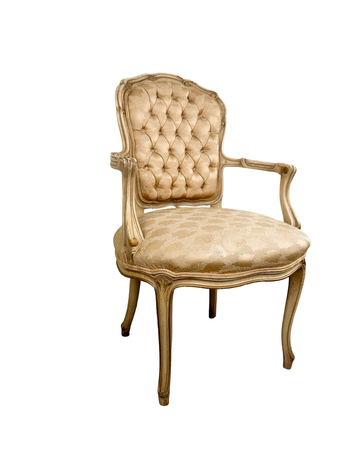 Vintage Louis XV Revival Armchair with Painted Frame, Tufted Back and Damask Seat