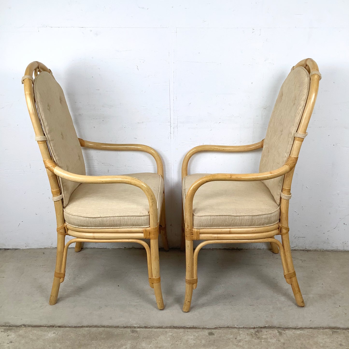 Vintage Henredon Rattan Armchairs, Pair with Cushions, Honey Tone