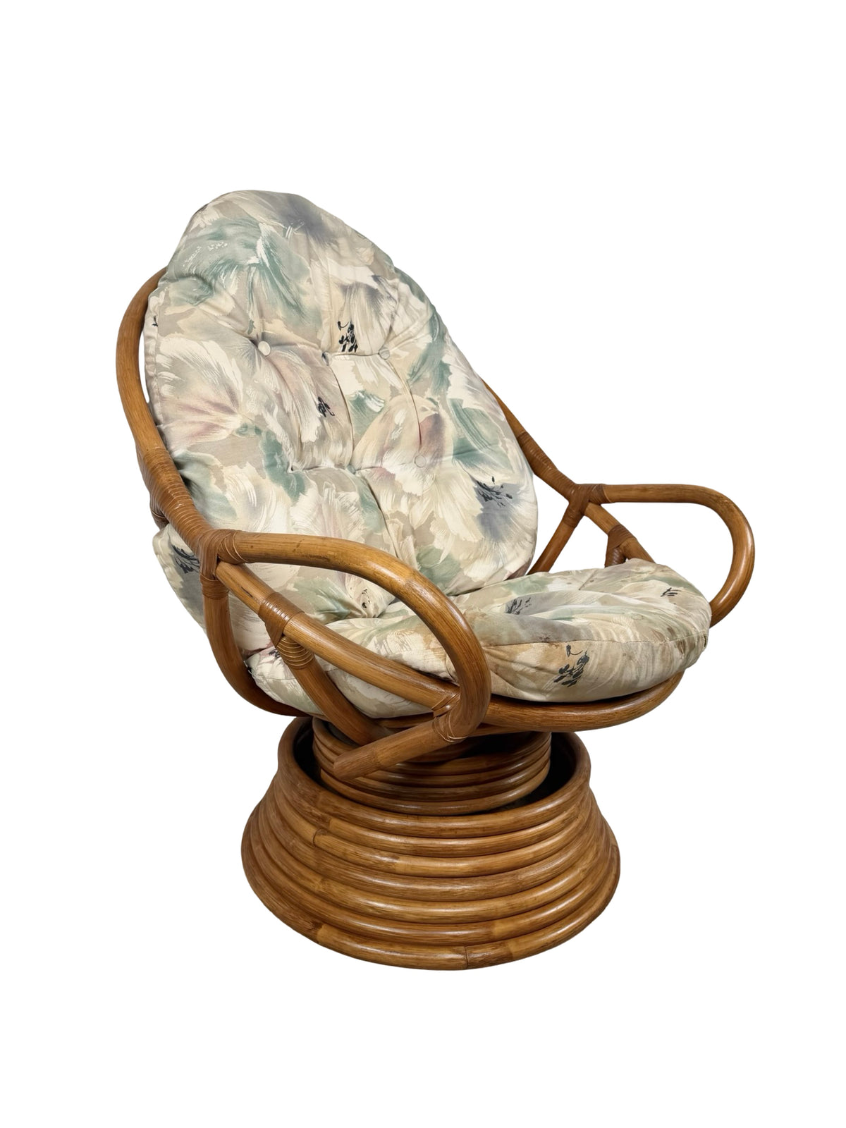 Vintage Rattan Swivel Rocker Lounge Chair with Floral Cushions