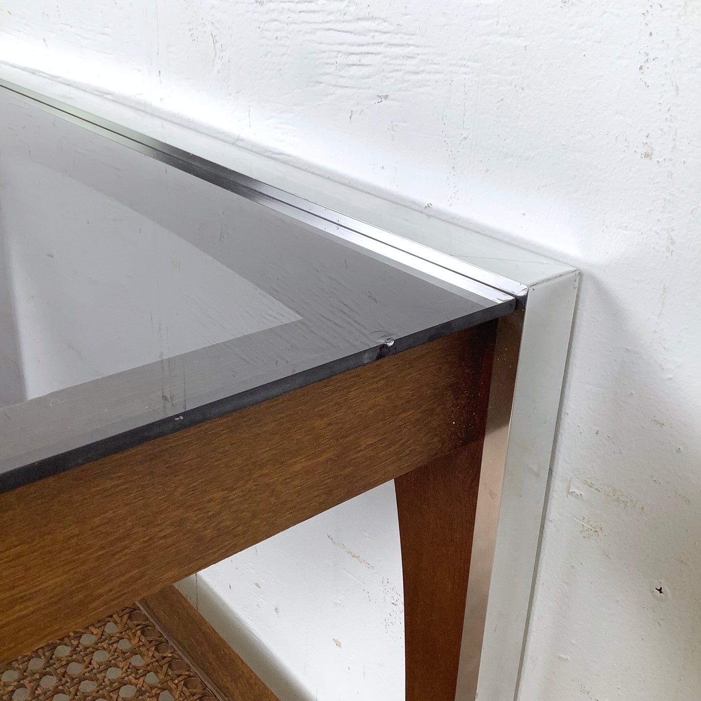 Lane Mid-Century End Table with Smoked Glass, Cane, and Wood Frame