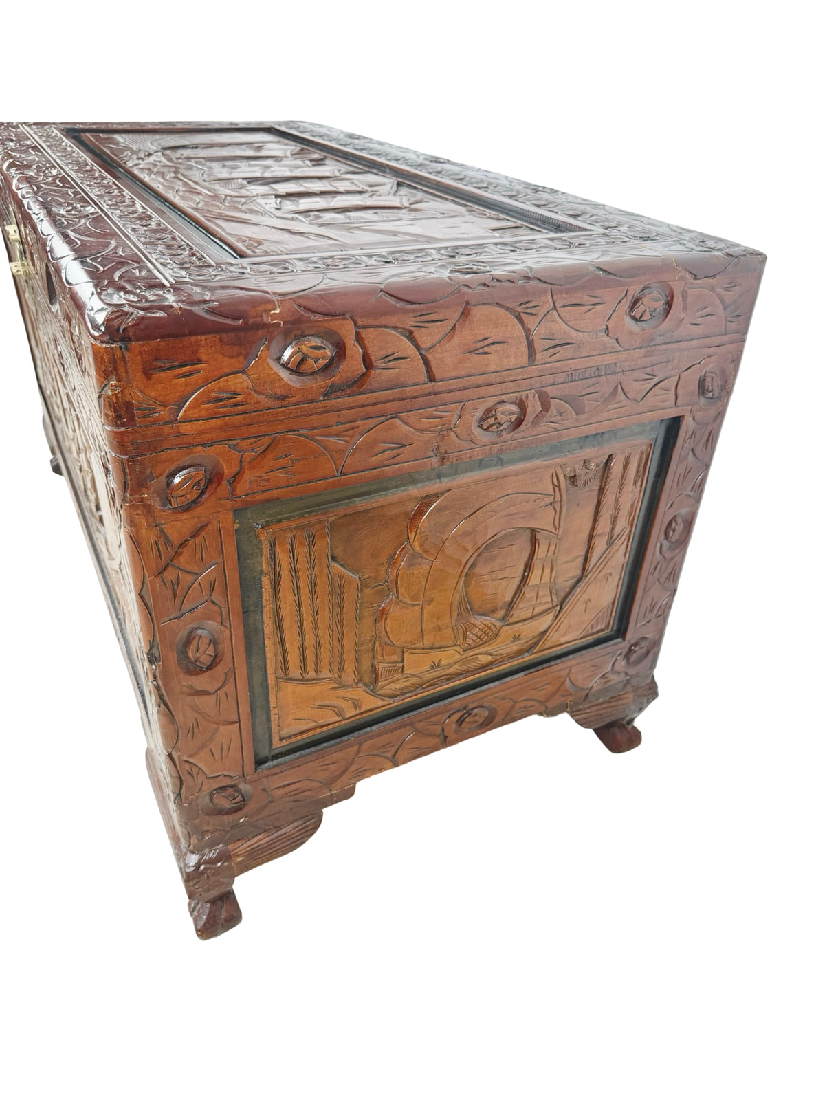 Vintage Asian Carved Wood Storage Chest with Figural Relief Carvings