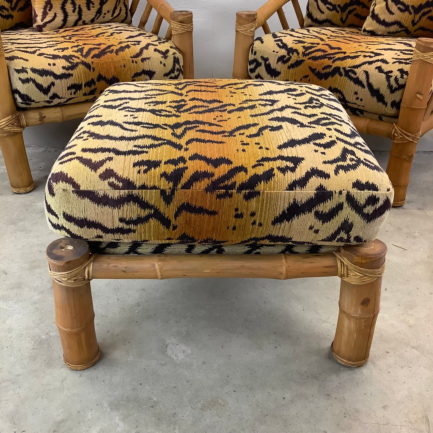 Vintage Bamboo Armchairs & Ottoman in Tiger Print