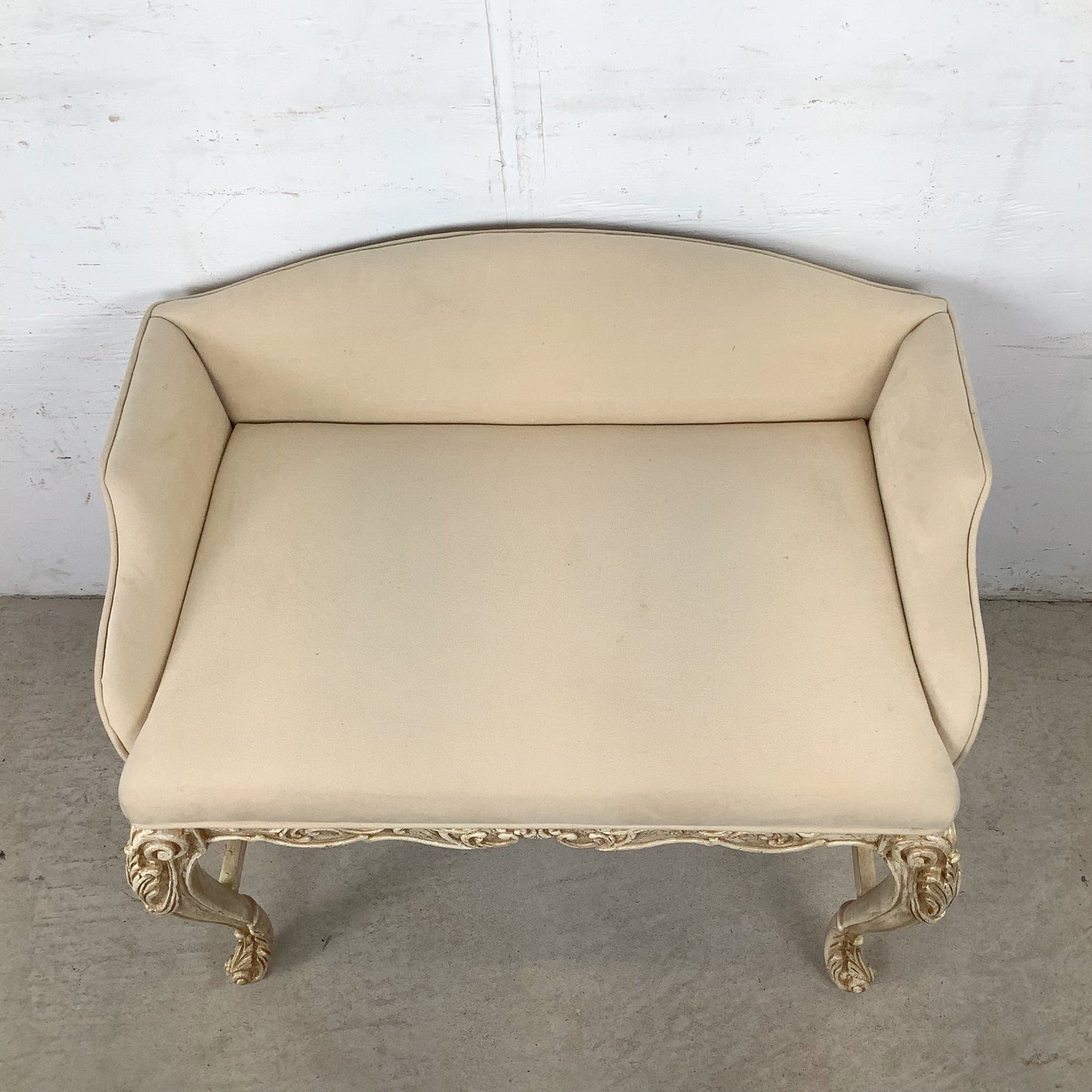 French-Inspired Decorator Bench with Carved Wood Frame