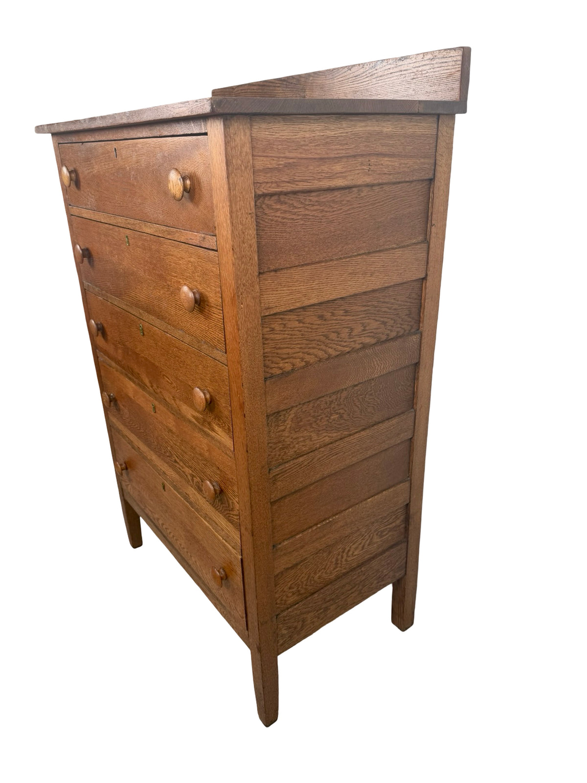 Antique Early 1900s Oak Five-Drawer Tall Chest of Drawers