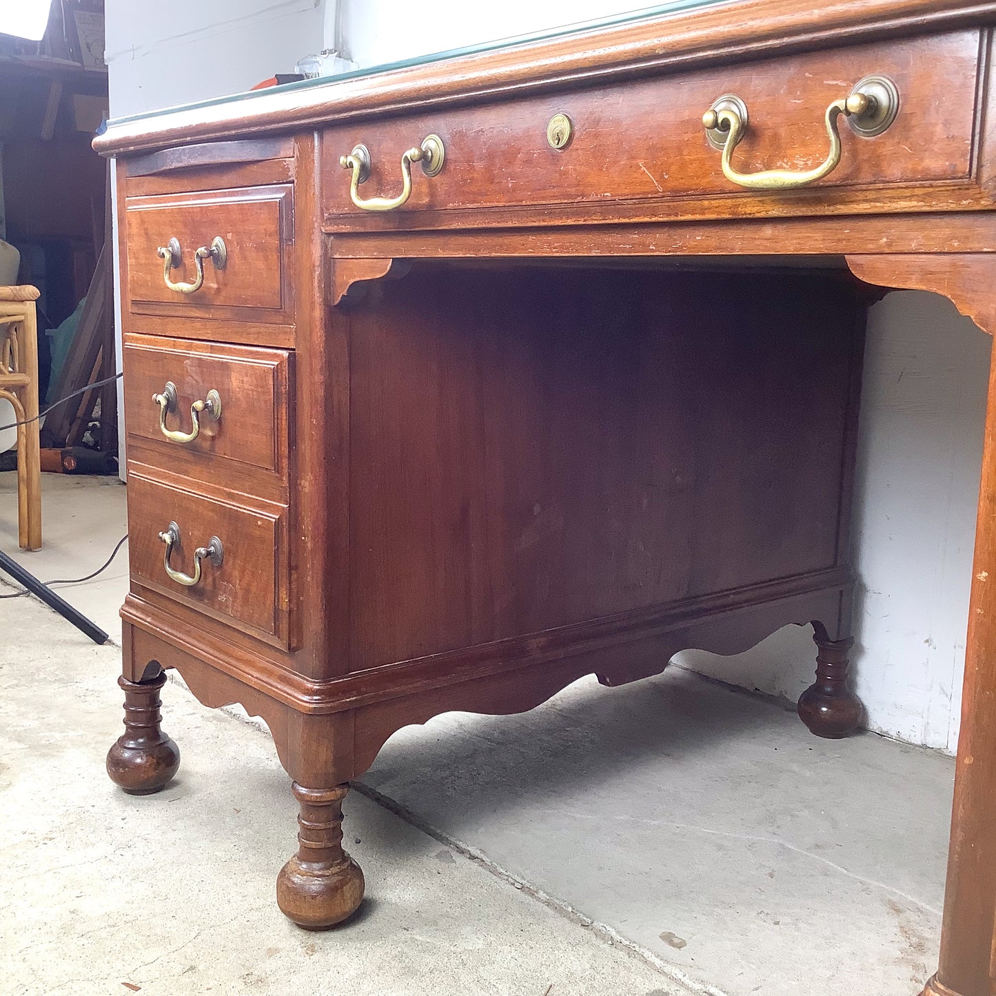 Antique Queen Anne Revival Kneehole Pedestal Desk | Burl Walnut | Brass Bail Pulls | Bun Feet |c. 20th C