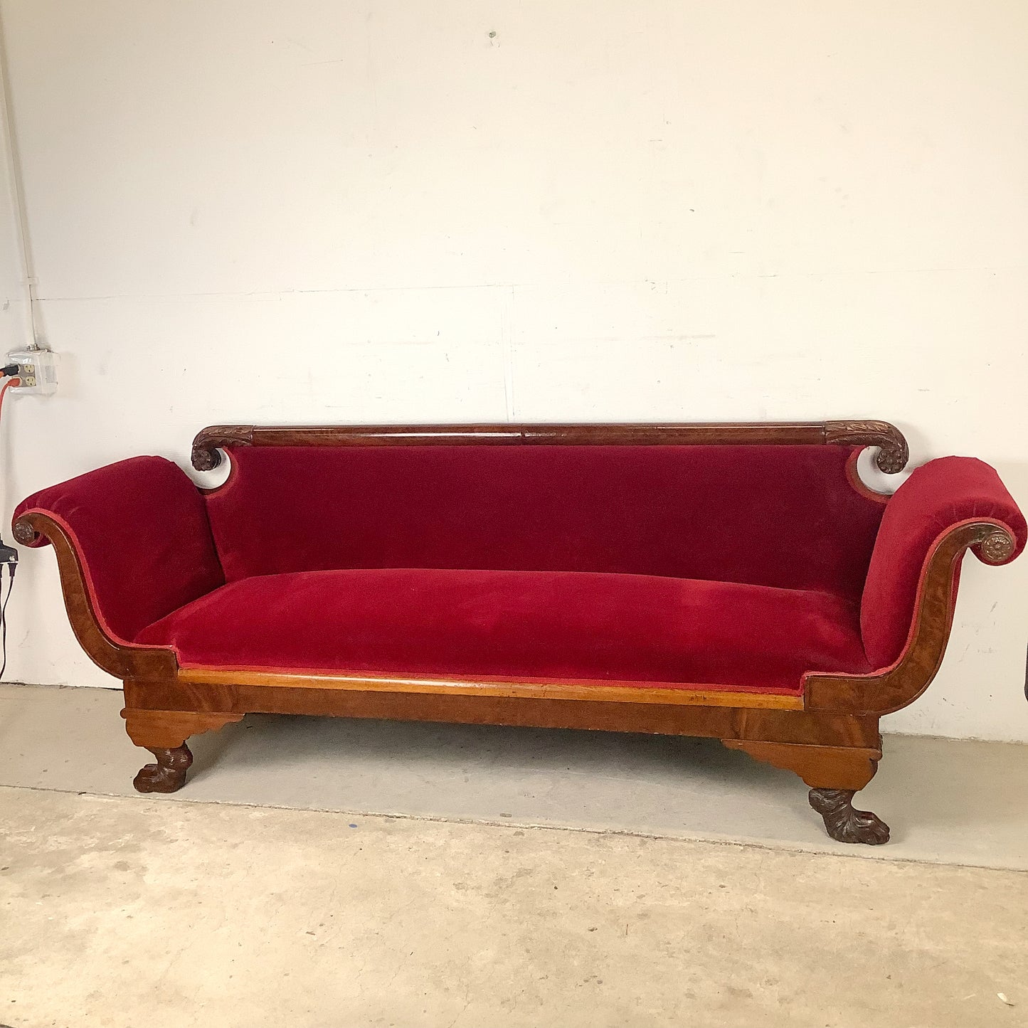 Antique American Empire Revival Mahogany Settee | Scroll Arms Sofa| Carved Paw Feet | Crimson Velvet