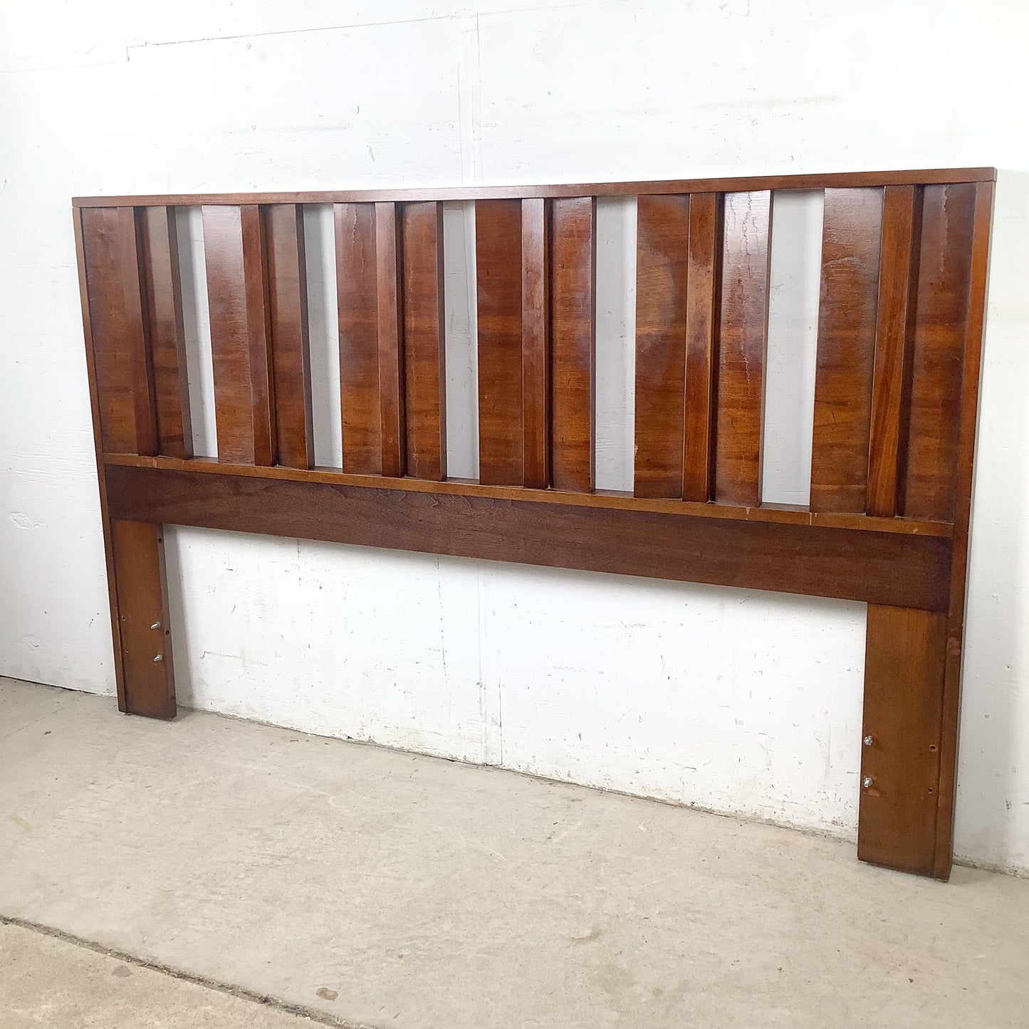 Vintage Mid-Century Modern Walnut Queen Headboard with Architectural Vertical Slat Design