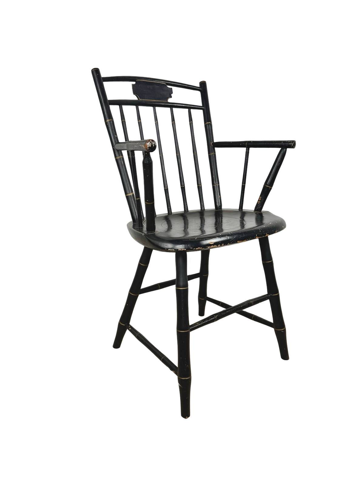 Vintage Black Painted Windsor-Style Armchair with Gold Pinstriping