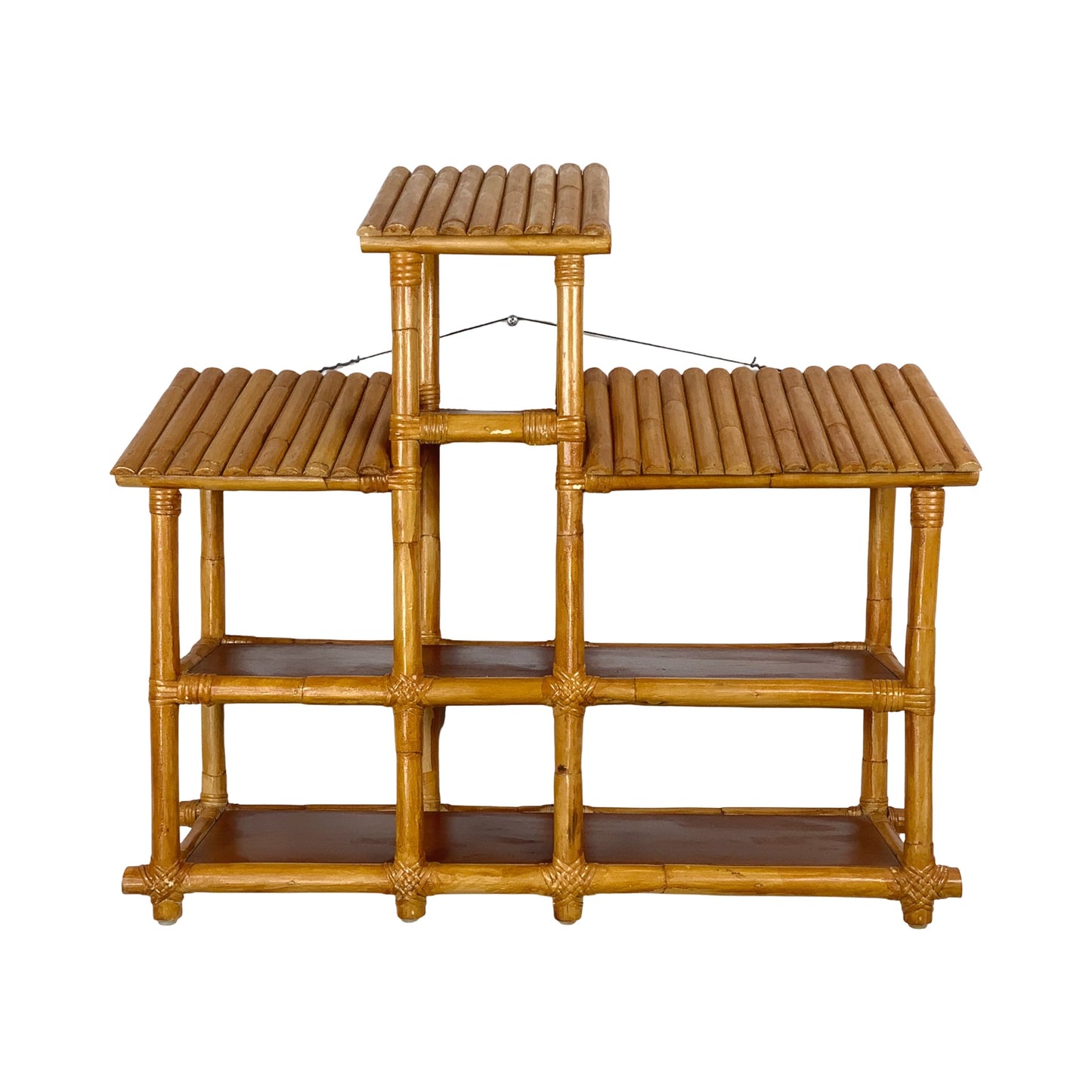 Vintage Bamboo & Rattan Stepped Hanging Wall Shelf | Paul Frankl Skyscraper Style | 1970s Boho Tropical