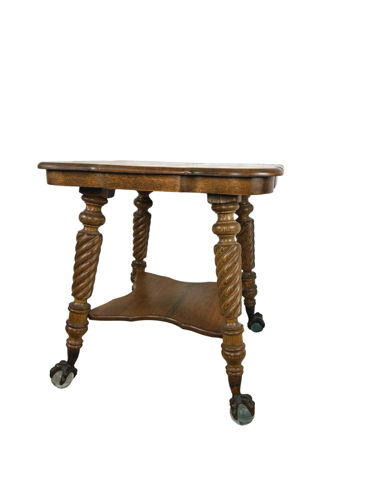 Early 20th Century Tiger Oak Barley Twist Table with Ball & Claw Feet