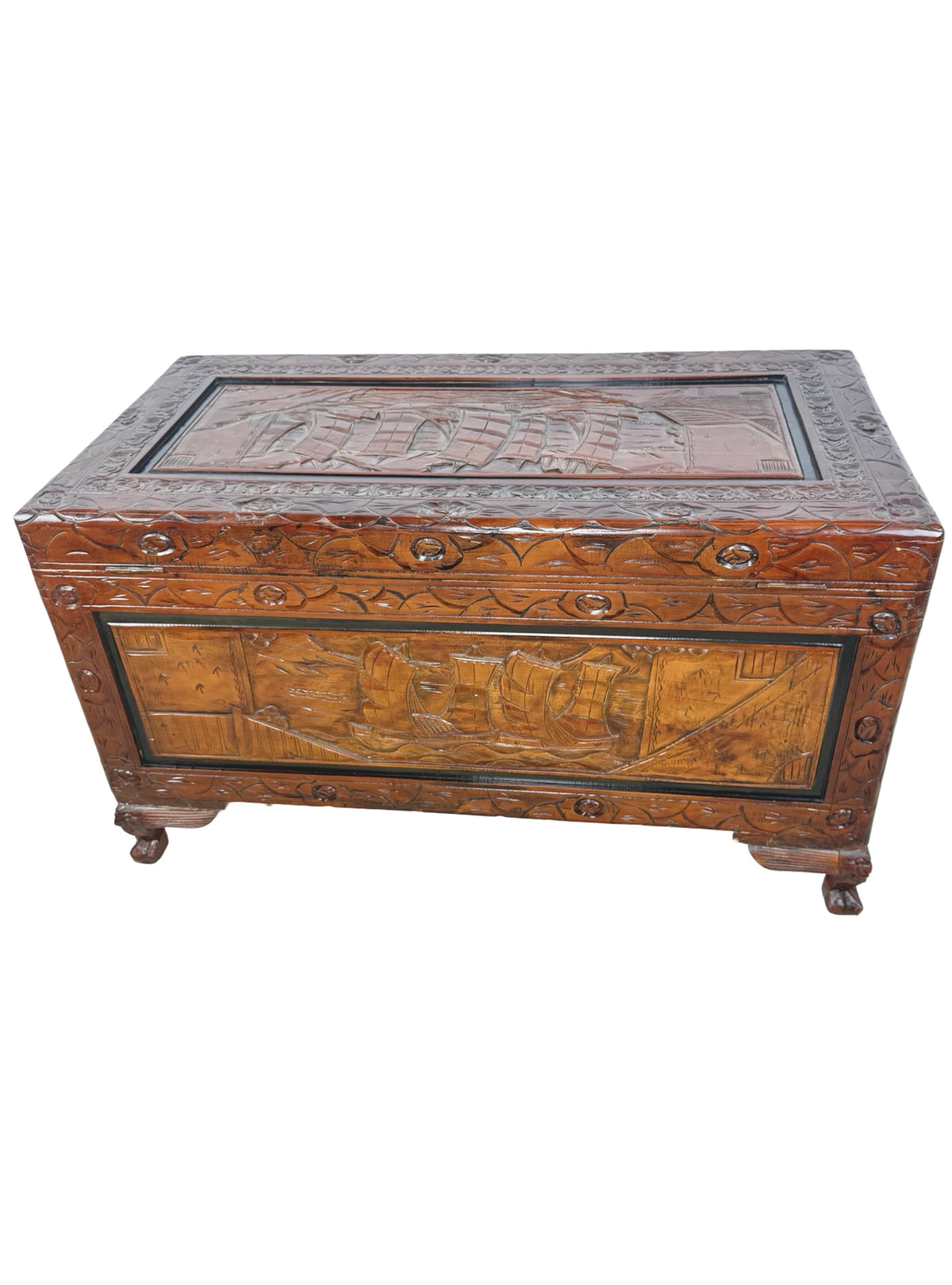 Vintage Asian Carved Wood Storage Chest with Figural Relief Carvings