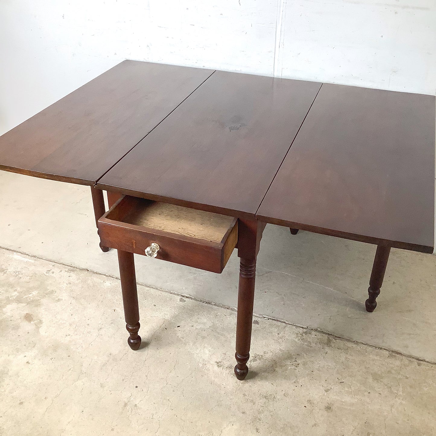 American Empire-Style Walnut Drop-Leaf Gate-Leg Table — Solid Wood, Single Drawer