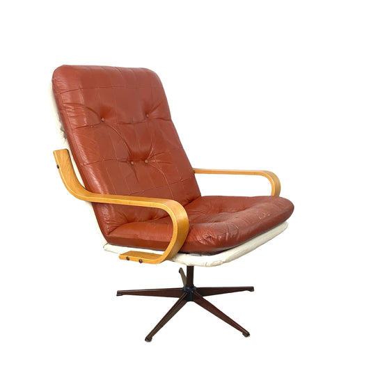 Mid-Century Modern Style Tufted Swivel Lounge Chair - Cognac & Bentwood