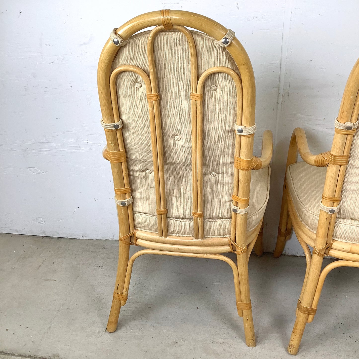 Vintage Henredon Rattan Armchairs, Pair with Cushions, Honey Tone