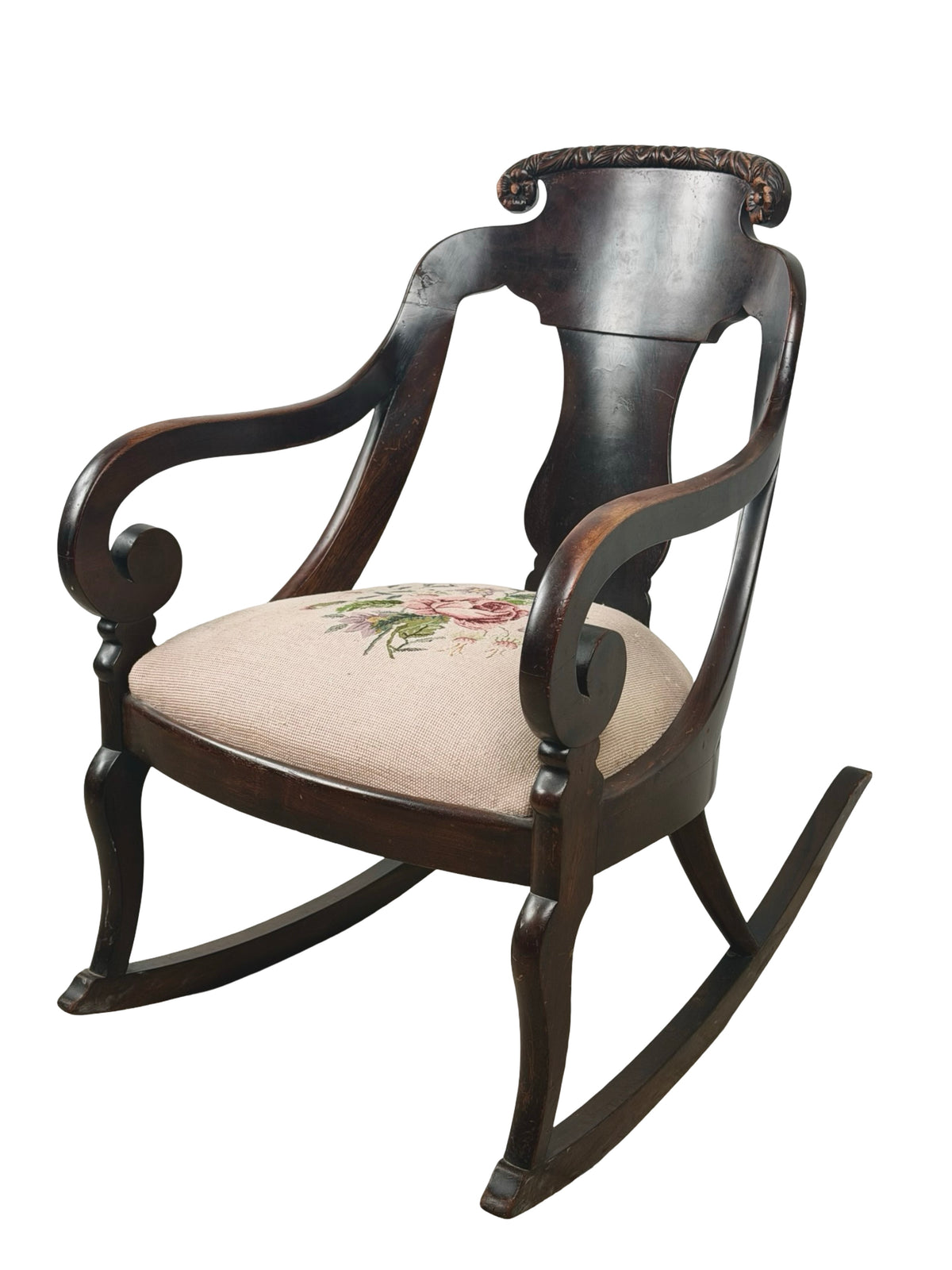 Antique American Classical Carved Wood Rocking Chair with Floral Needlepoint Seat