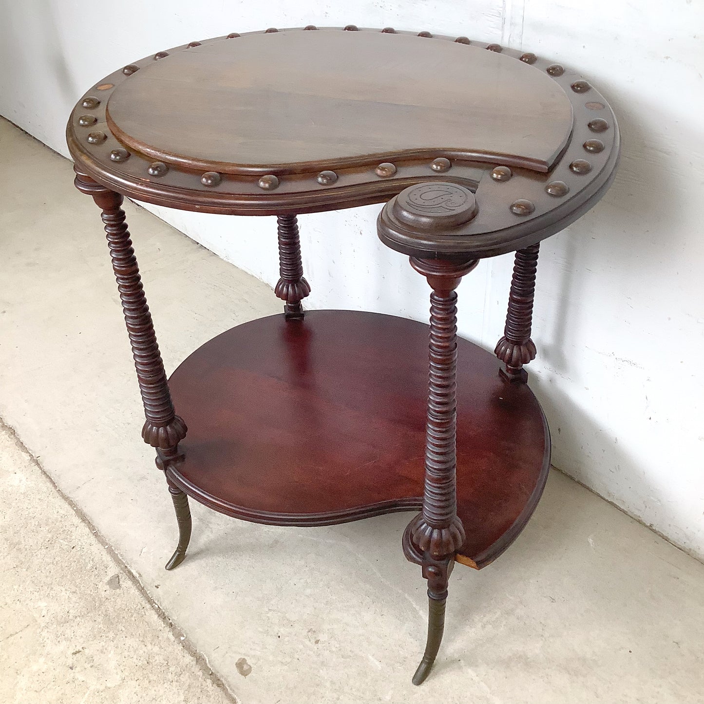Antique Mahogany Two-Tier Kidney Table | Bobbin Turning | Brass Sabre Feet