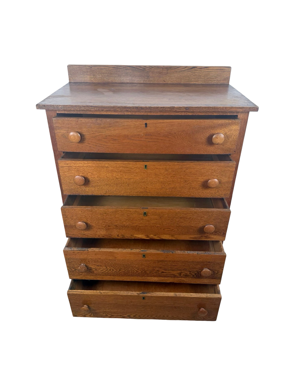 Antique Early 1900s Oak Five-Drawer Tall Chest of Drawers