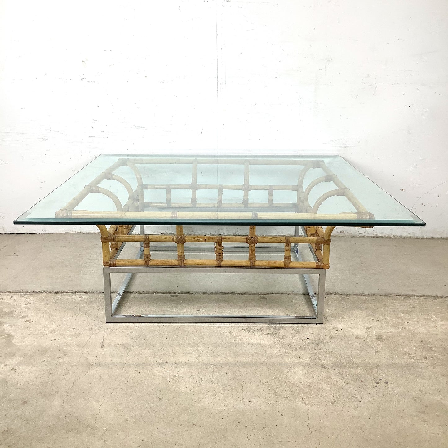 Vintage Hollywood Regency Bamboo, Chrome, and Glass Square Coffee Table
