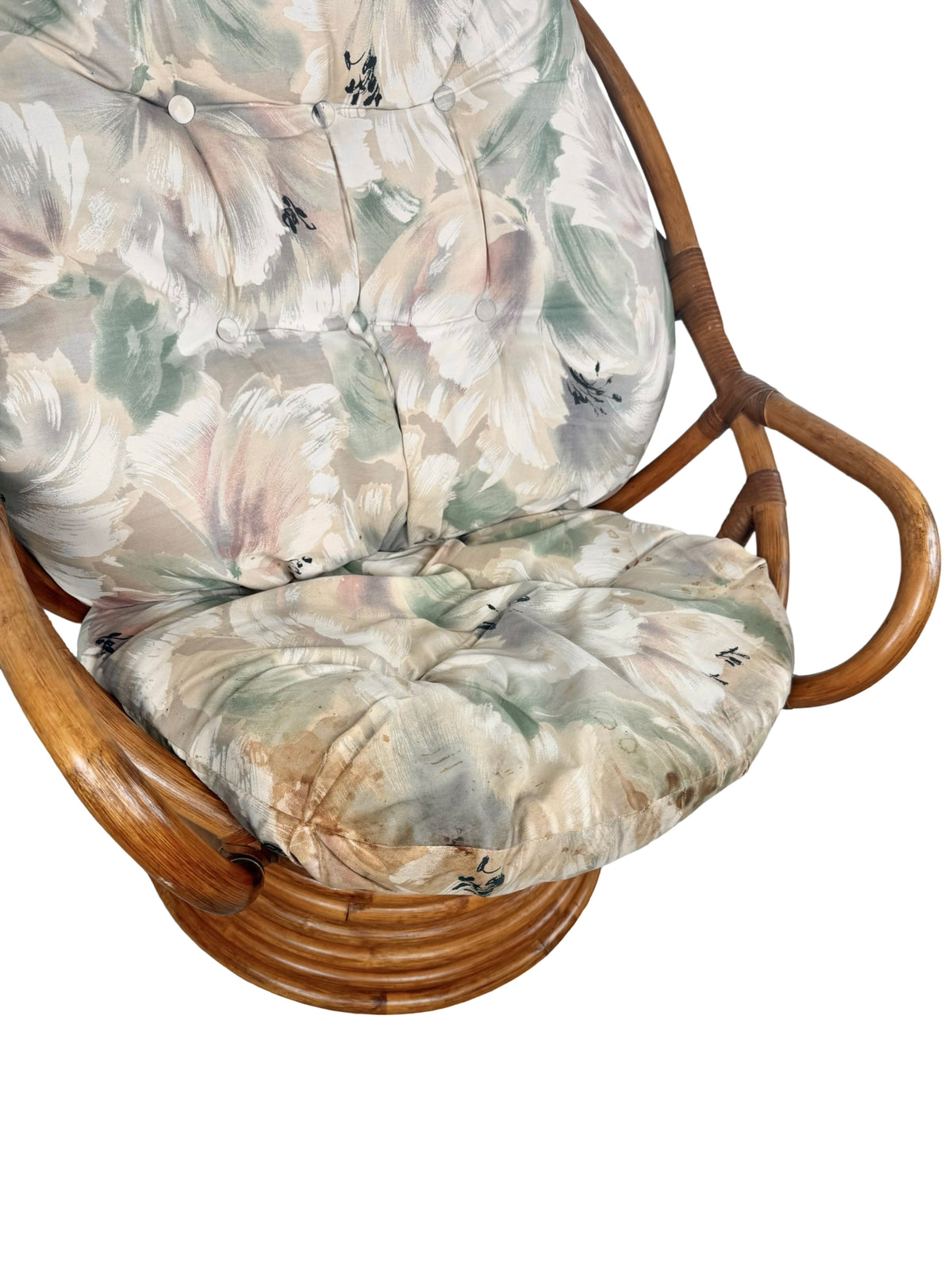 Vintage Rattan Swivel Rocker Lounge Chair with Floral Cushions
