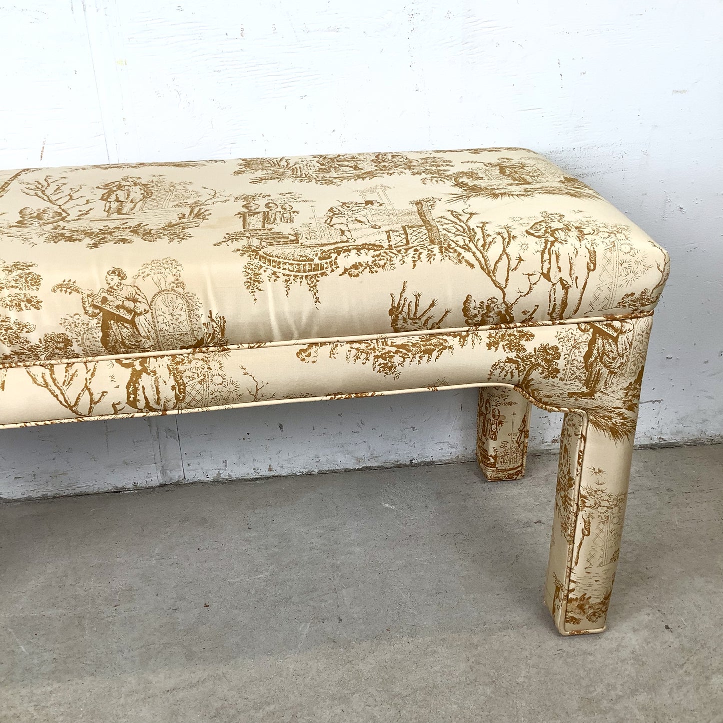 Louis XVI Style Upholstered Foot-of-Bed Bench with French Toile