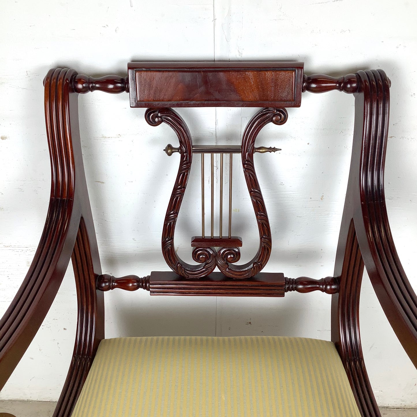 Elegant Vintage Lyre-Back Mahogany Accent Chair With Upholstered Seat