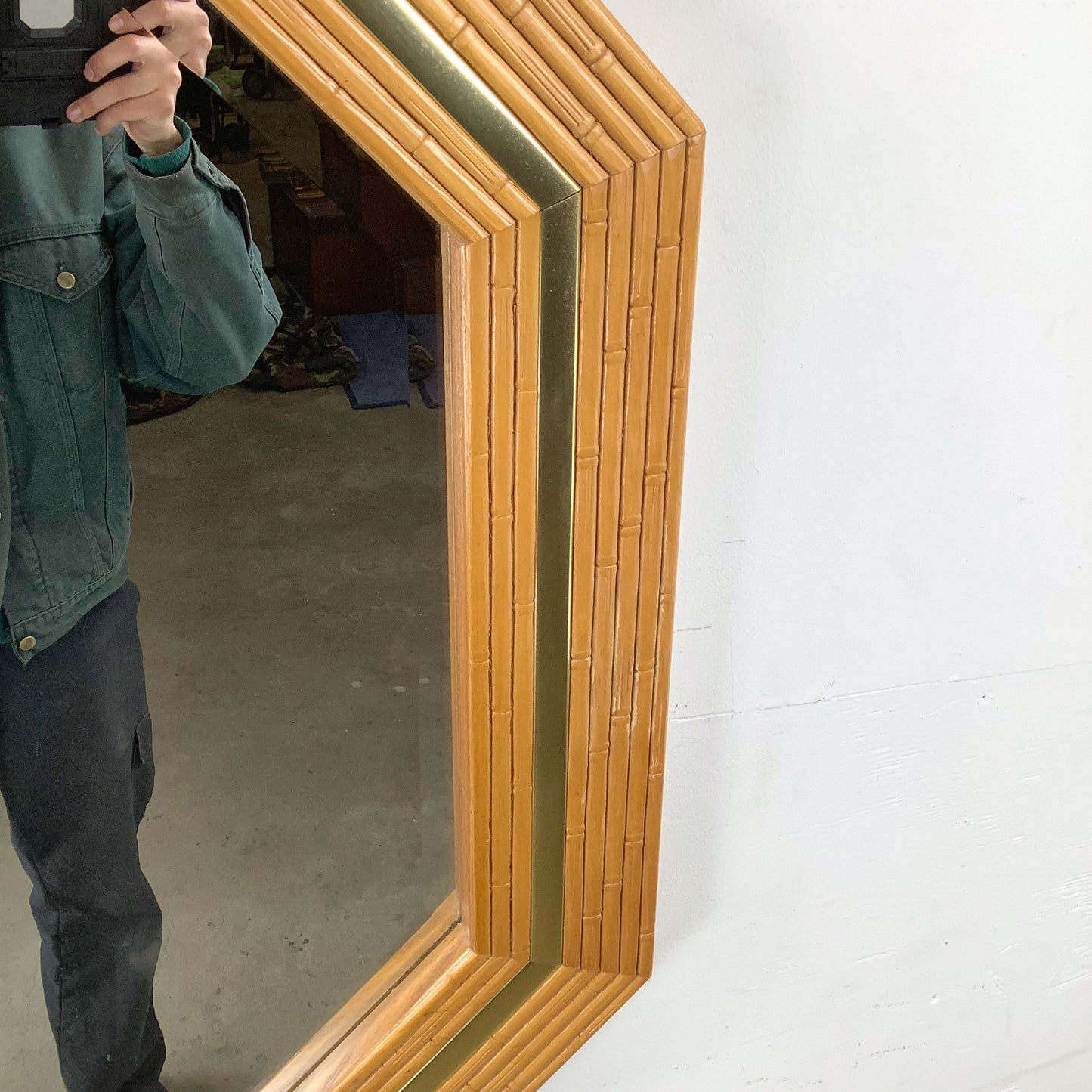 Vintage Modern Boho Octagonal Mirror with Faux Bamboo Wood Frame